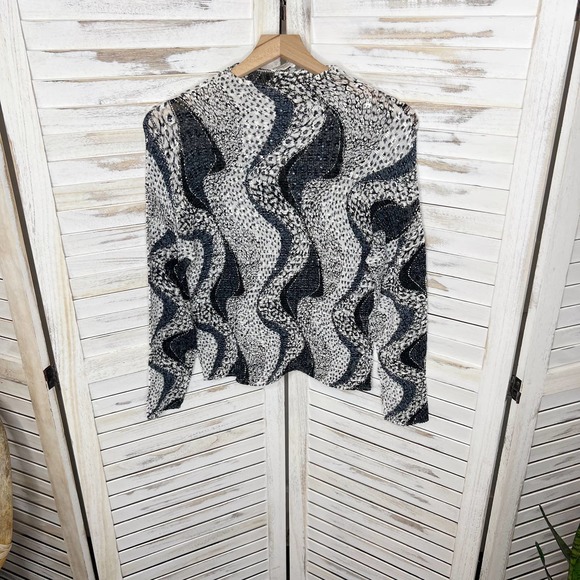 ALBERTO MAKALI Women's Crinkle Sequin Leopard Animal Print Top Blous Black White - Picture 7 of 15